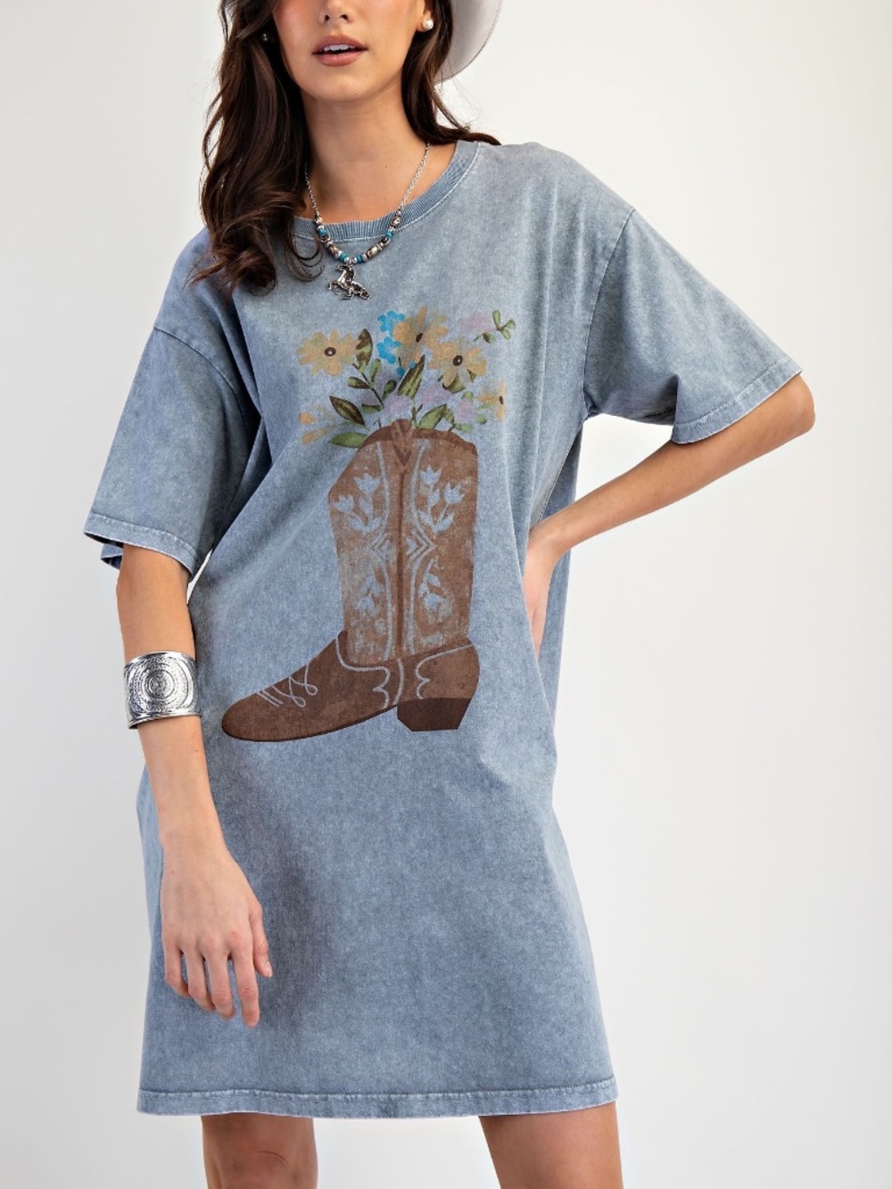 New Easel Los Angeles Western Boots Floral Graphic Tee Dress Tunic Plus Size